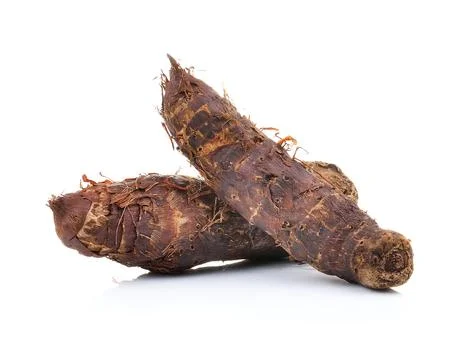 Boiled taro root on a white background Stock Photos