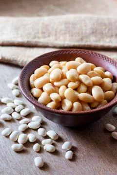 Boiled white kidney beans in a rustic bowl Stock Photos