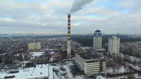 Boiler tubes emits a dense smoke in the city. Aerial view. Stock Footage 72509984