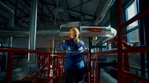 Boiler worker rotates a large valve amid a pile of process pipes Stock Footage 130185523