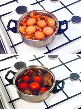 Boiling and  dyeing easter eggs Stock Photos