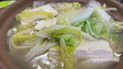 Boiling Cabbage Tofu Clay Pot Extreme Close Up Circular Shot Vídeos de archivo 332259765