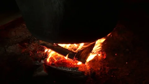Boiling cauldron on fire Stock Footage 71124782