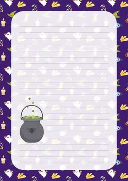 Boiling cauldron. Note paper. Page. Halloween notebook sheet. Cartoon, flat Stock Illustration
