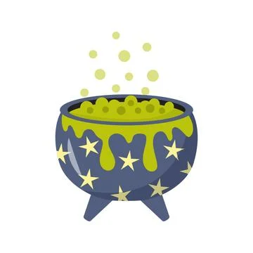 Boiling cauldron of potion for Halloween. Bubbling green liquid, symbol of .. Stock Illustration