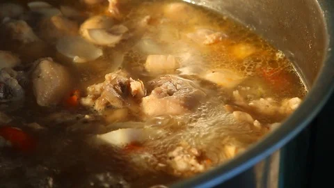 Boiling chicken or Tom Kha Gai   soup, Thai famous food Stock Footage 121910792