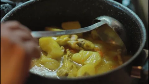 Boiling chicken with potatoes in a pot, mixing with a ladle Stock Footage 297958905