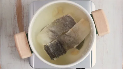 Boiling cod fish in pot Stock Footage 100635882