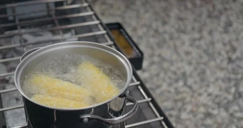 Boiling corn on the cob outside on a camp stove Stock Footage 310924777