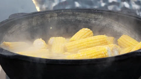 Boiling Corn on the Cob in Traditional Pot Stock Footage 326063791