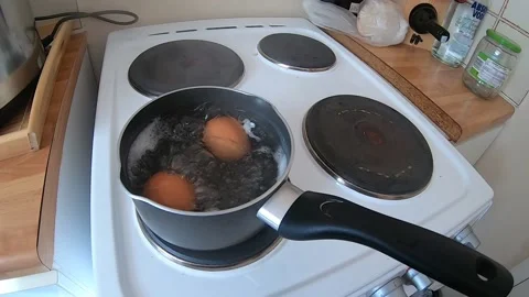 Boiling Eggs On The Stove in the Kitchen Stock Footage 137826460