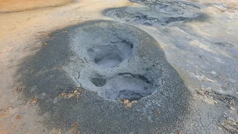 Boiling grey mud pot in Myvatn Geothermal Area in Iceland Stock Footage 221872166