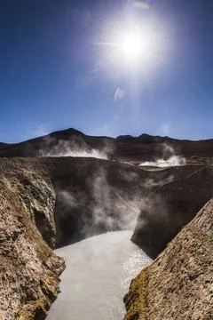 Boiling hot pools at Sol de Manana Geothermal Basin area, Altiplano of Bolivia, Stock Photos