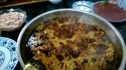 Boiling hot pot, so called huoguo, a famous traditional dish in Chengdu. Stock Footage 44496505