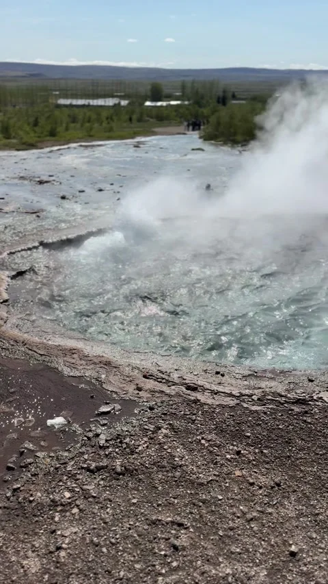 Boiling hot springs, mud pots and fumaroles in Haukadalur geothermal valley Stock Footage 331512512