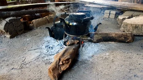Boiling kettle with ashes and fire wood,camping concept Stock Footage 113442783