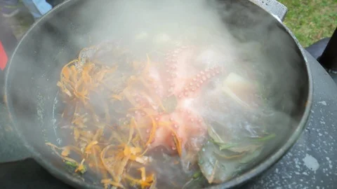 Boiling octopus. Hand close lid of pot. Vapour rise Stock Footage 109498057