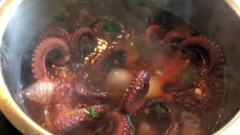 Boiling octopus in pot Stock Footage 83362007