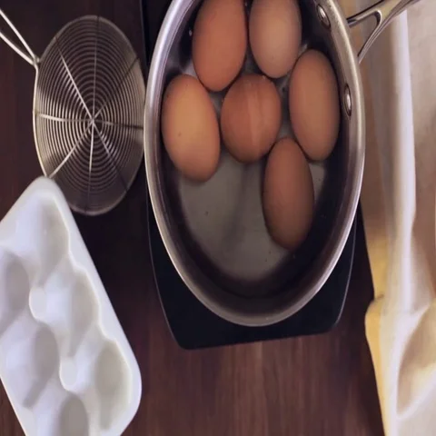 Boiling organic eggs for deviled eggs recipe. Video stock 69729978