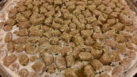 Boiling Pork Intestines in Large Cauldron at Thai Street Food Market Stock Footage 340350460