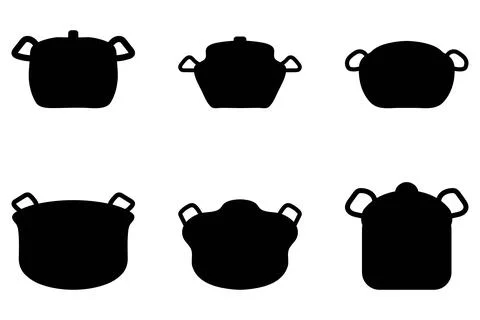 Boiling pot silhouette icon set. Cooking ware flat design Stock Illustration