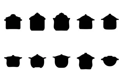 Boiling pot silhouette icon set. Cooking ware flat design Stock Illustration