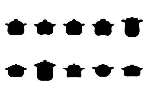 Boiling pot silhouette icon set. Cooking ware flat design Stock Illustration