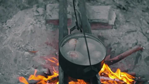 Boiling Potatoes, Campfire, Cooking Stock Footage 284609244