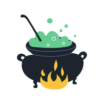 Boiling potion witchs magic cauldron, cartoon style. Trendy modern vector i.. Stock Illustration