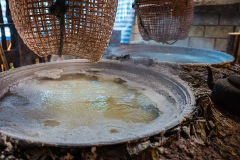 Boiling rock salt processing industry Stock Photos