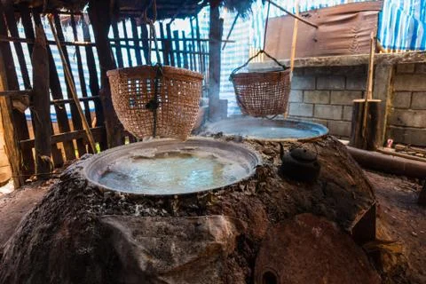 Boiling rock salt processing industry Stock Photos