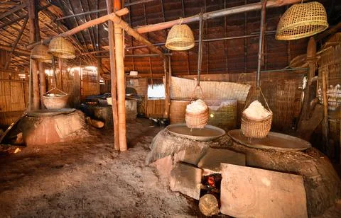 Boiling rock salt  production process, Sapan, Nan province, Thailand Stock Photos