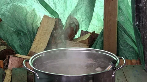 Boiling Sap in Backyard Maple Syrup Production in Nova Scotia Stock Footage 37183854