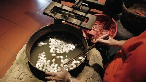 Boiling silkworm cocoons for silk thread production in a traditional craft .. Stock Footage 336978220