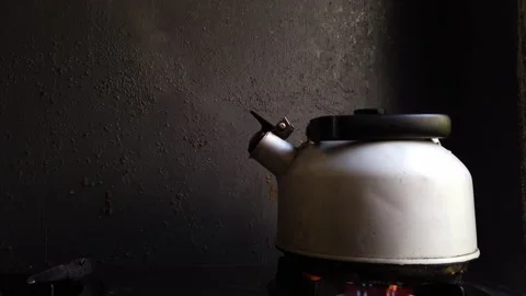 Boiling Silver Kettle Boiling with Steam Emitted From Spout Video stock 132108469