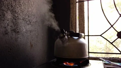 Boiling Silver Kettle Boiling with Steam Emitted From Spout Video stock 132108584