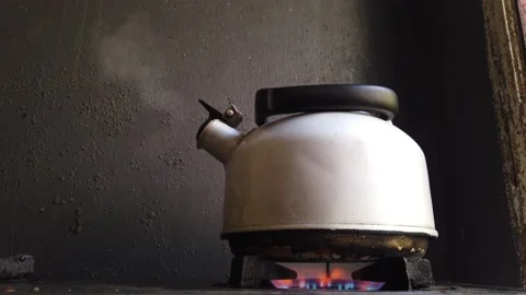 Boiling Silver Kettle Boiling with Steam Emitted From Spout Stock Footage 132109743