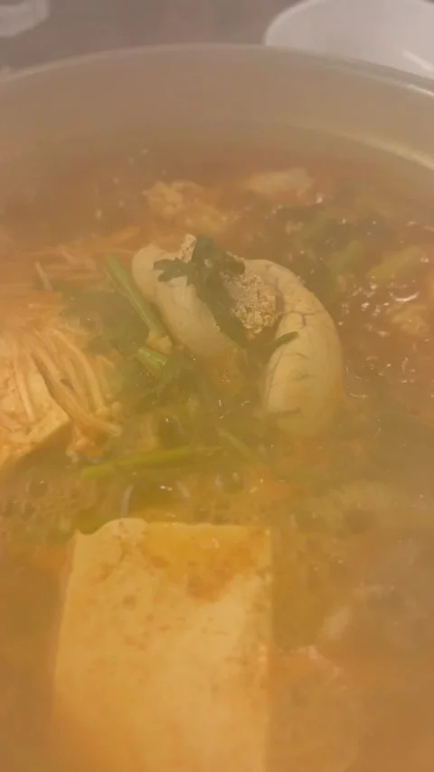 Boiling spicy Korean fish roe soup (Altang) in a pot, close-up Stock Footage 329284973