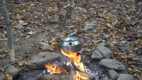 Boiling tea kettle, pot hanger over Campfire Survival Bushcraft Lean to Shelter. Stock Footage 118710660