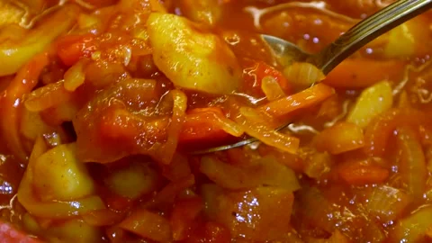 Boiling vegetarian vegetable stew in the spoon close up Stock Footage 266008982