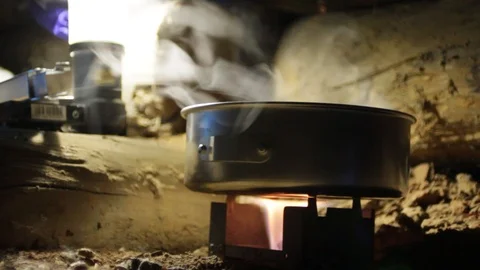 Boiling water, camping,pan Stock Footage 92457516