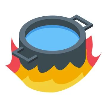 Boiling water in cooking pot over burning fire isometric icon Stock Illustration