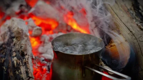 Boiling water in a pot on a campfire with burning logs and smoke in forest Stock Footage 341878541
