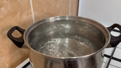 Boiling water in a pot in the kitchen, cooking Stock Footage 255039574