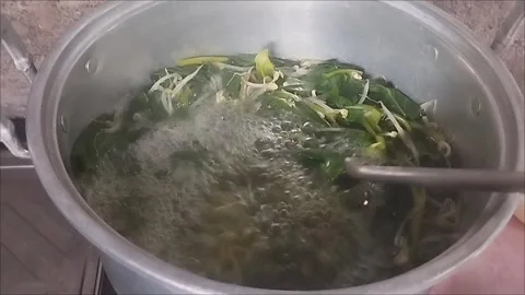 Boiling water spinach and bean sprouts Stock Footage 296516221