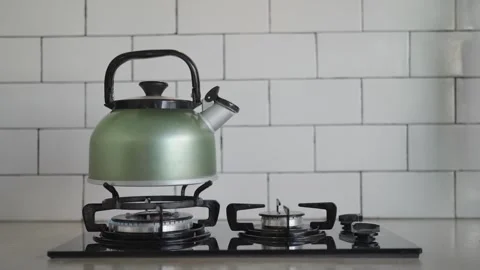 Tea kettle with boiling water on gas stove, Stock image