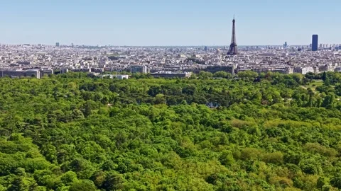 Bois de Boulogne with Eiffel Tower and Paris skyline on lateral aerial slide Stock Footage 338358956