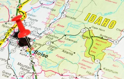 Boise marked with red pushpin on the map Stock Photos