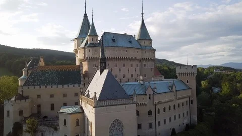 Bojnice castle sunset - TOP Aerial views Stock Footage