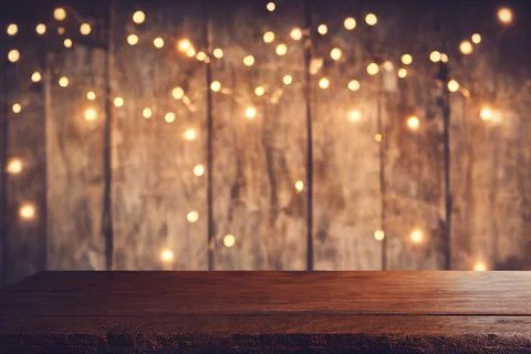 Bokeh Christmas Tree Lights Warm White Rustic Wood Table Top Home Background Stock Illustration